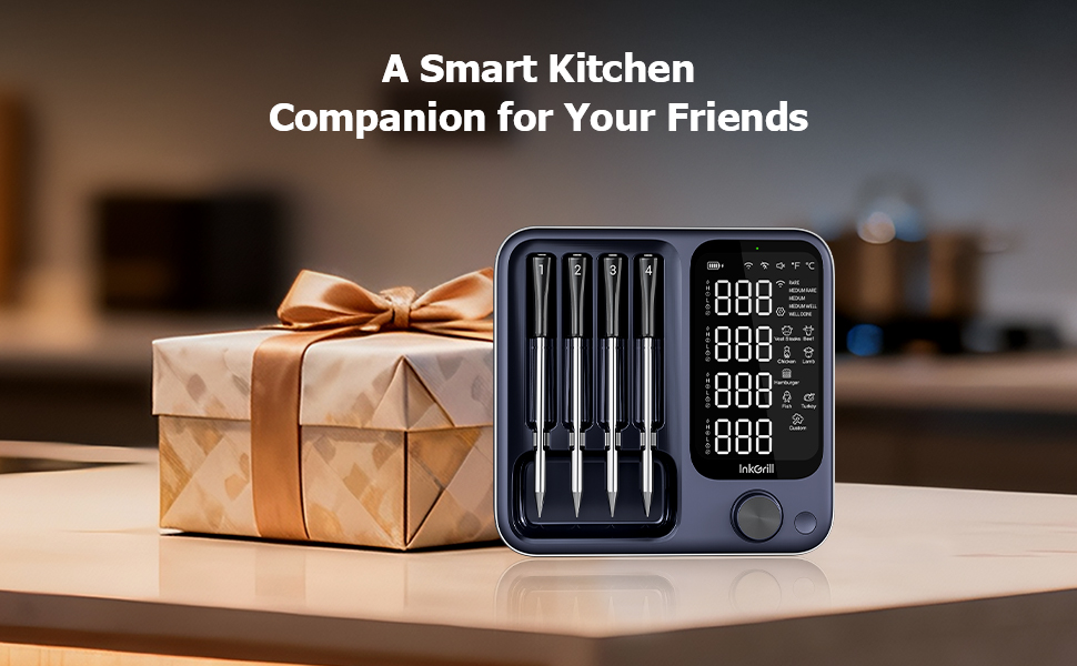 Wireless Meat Thermometer with APP Control，4 Probes Meat Thermometer Digital, Unlimited Range WiFi & Bluetooth Meat Thermometerfor for Rotisserie，Grill，Oven，Smoker，BBQ, Air Fryer