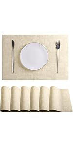 Faux Leather Placemats Set of 6, 12 X 17 Inch - Vinyl Heat Resistant Place Mats 100% Waterproof Oilproof Reversible Wipeable PU Table Mats for Kitchen, Dining, Outdoor/Indoor (Beige,6)