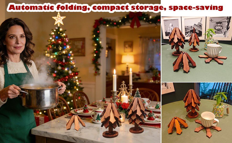 Walnut Tree Trivet Set - 4 Pcs with Storage Stand, Foldable Heat Resistant Hot Pad, Tree & Snowflake Design for Kitchen, Outdoor BBQ, Easter