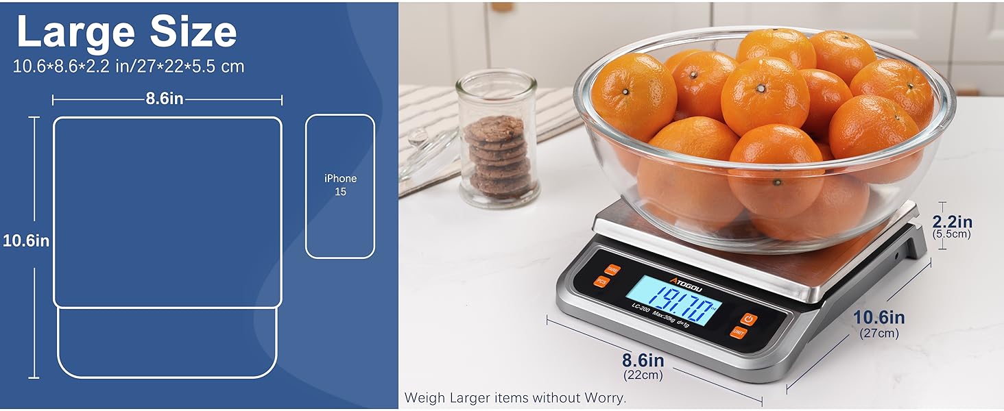 Atogou 88lb Commercial Digital Kitchen Scale 40kg/1g, with 6 Units Conversion, Stainless Steel, LCD Display, AA Battery or Plug-in Use for Baking, Bread, Cooking, Meat LC200 Grey