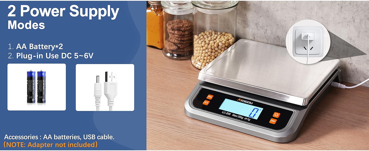 Atogou 88lb Commercial Digital Kitchen Scale 40kg/1g, with 6 Units Conversion, Stainless Steel, LCD Display, AA Battery or Plug-in Use for Baking, Bread, Cooking, Meat LC200 Grey