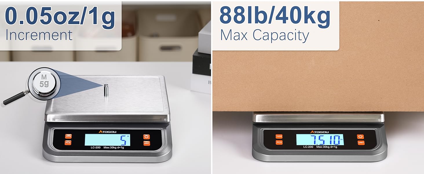 Atogou 88lb Commercial Digital Kitchen Scale 40kg/1g, with 6 Units Conversion, Stainless Steel, LCD Display, AA Battery or Plug-in Use for Baking, Bread, Cooking, Meat LC200 Grey