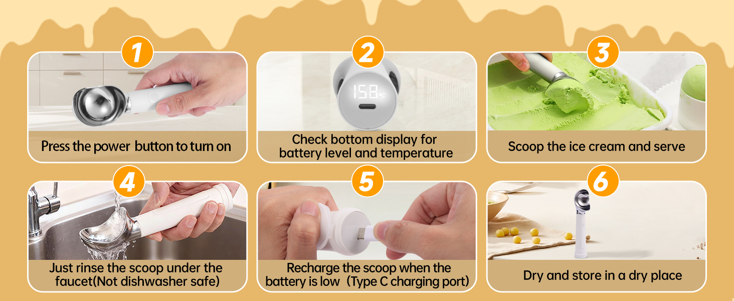 Heated Ice Cream Scoop Rechargeable, 158℉Electric Ice Cream Scooper, IP67 Waterproof Icecream Scoop with LED Display for Hard Ice Cream, Gelato & Party Desserts