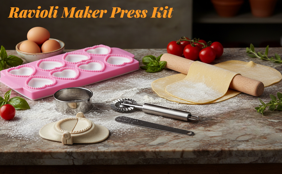 Ravioli Maker Press Ravioli Press Mold Set Heart Ravioli-Stamp Maker Cutter with Wood Rolling Pin, 2.6