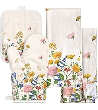 Cotton Oven Mitts and Pot Holders Sets - Quilted Lining Heat Resistant 4 Pieces Set with Hanging Loop Cute Farmhouse Boho Spring Kitchen Decor and Accessories, Cat Flower