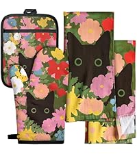 Cotton Oven Mitts and Pot Holders Sets - Quilted Lining Heat Resistant 4 Pieces Set with Hanging Loop Cute Farmhouse Boho Spring Kitchen Decor and Accessories, Cat Flower