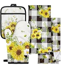 Cotton Oven Mitts and Pot Holders Sets - Quilted Lining Heat Resistant 4 Pieces Set with Hanging Loop Cute Farmhouse Boho Spring Kitchen Decor and Accessories, Cat Flower