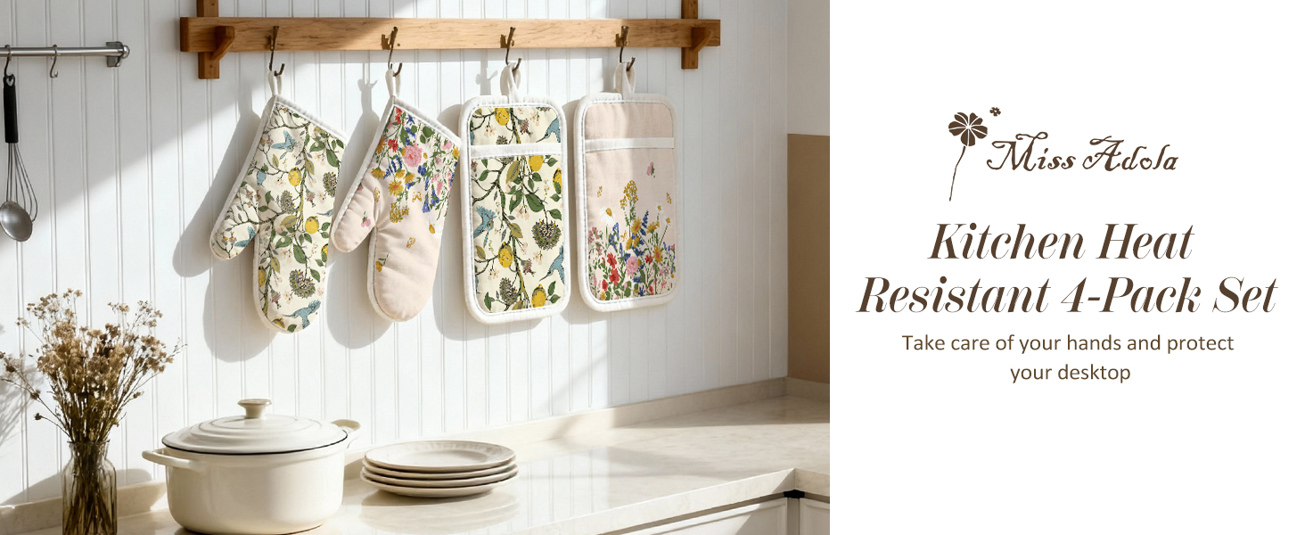 Cotton Oven Mitts and Pot Holders Sets - Quilted Lining Heat Resistant 4 Pieces Set with Hanging Loop Cute Farmhouse Boho Spring Kitchen Decor and Accessories, Cat Flower