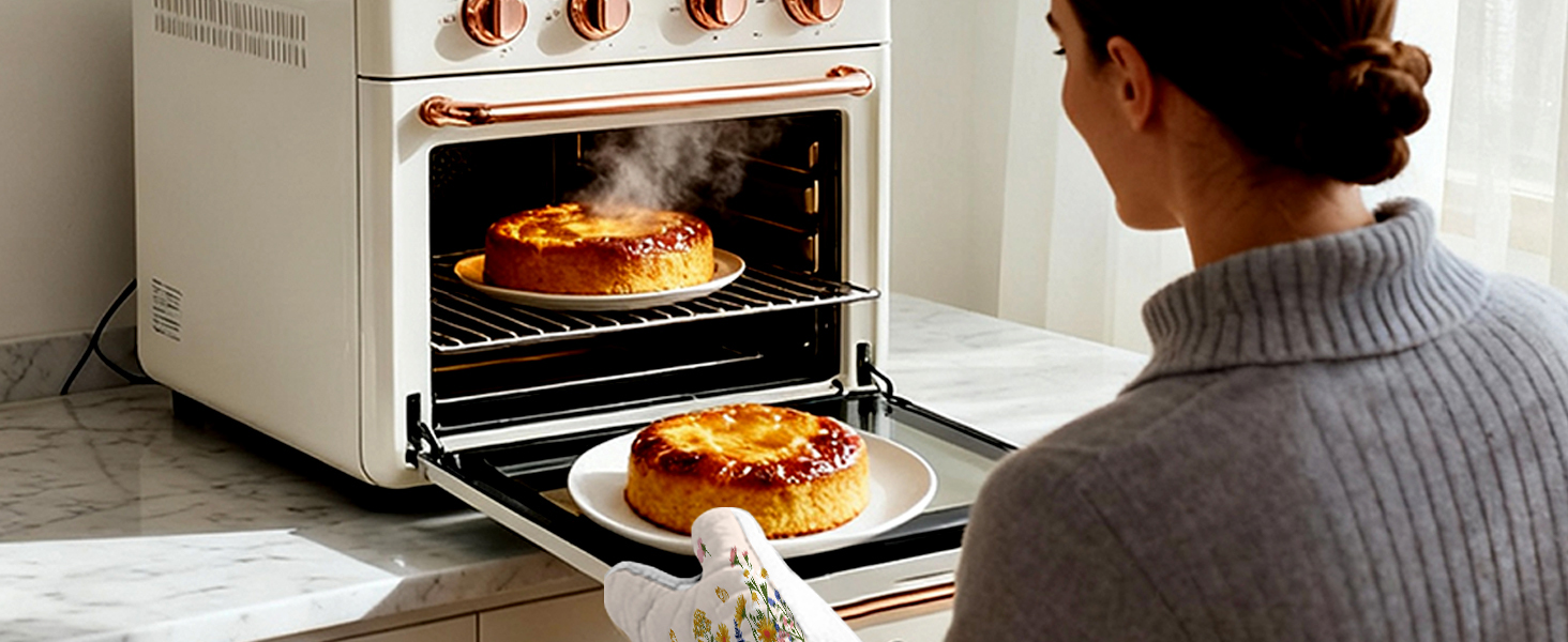 Cotton Oven Mitts and Pot Holders Sets - Quilted Lining Heat Resistant 4 Pieces Set with Hanging Loop Cute Farmhouse Boho Spring Kitchen Decor and Accessories, Cat Flower