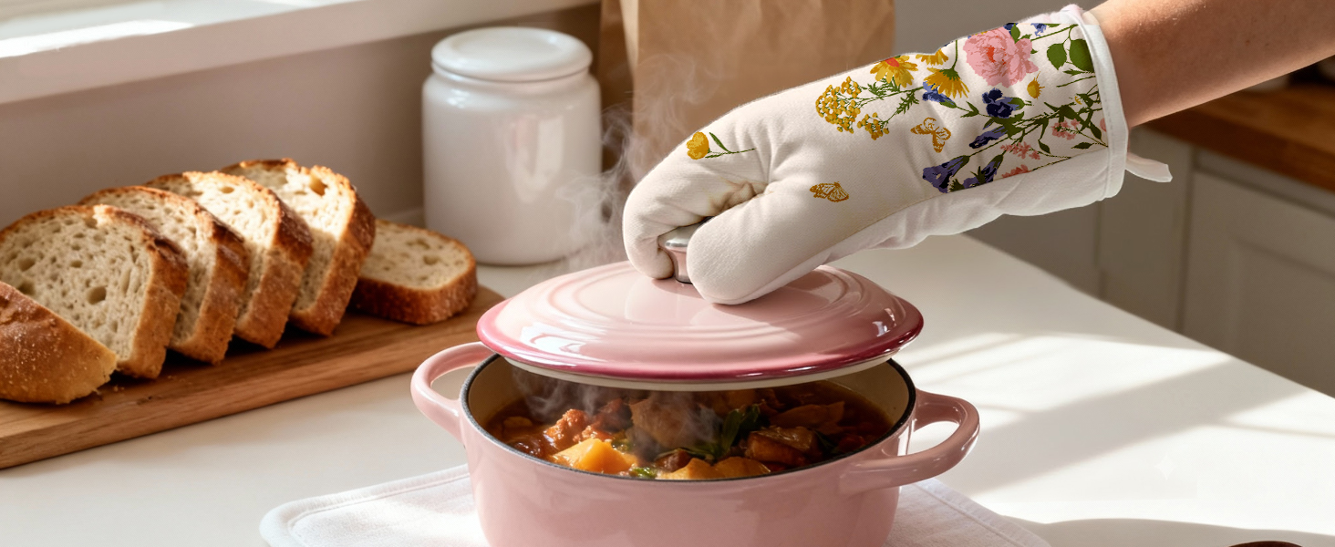 Cotton Oven Mitts and Pot Holders Sets - Quilted Lining Heat Resistant 4 Pieces Set with Hanging Loop Cute Farmhouse Boho Spring Kitchen Decor and Accessories, Cat Flower