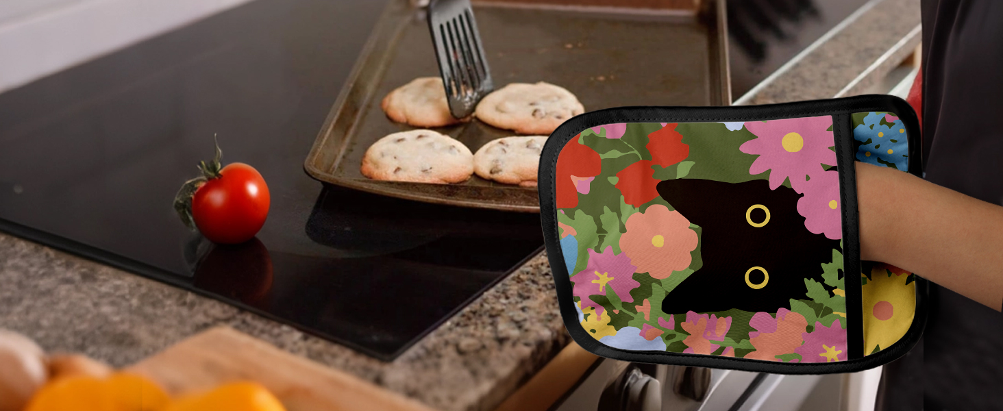 Cotton Oven Mitts and Pot Holders Sets - Quilted Lining Heat Resistant 4 Pieces Set with Hanging Loop Cute Farmhouse Boho Spring Kitchen Decor and Accessories, Cat Flower