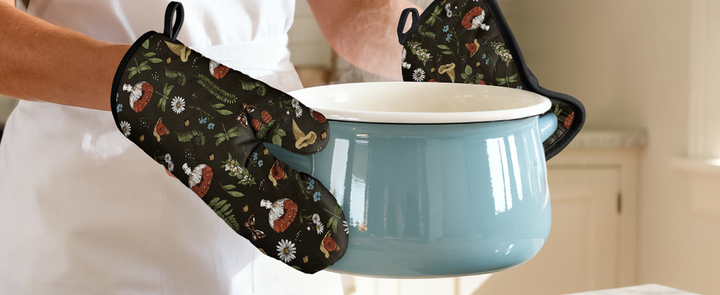 Cotton Oven Mitts and Pot Holders Sets - Quilted Lining Heat Resistant 4 Pieces Set with Hanging Loop Cute Farmhouse Boho Spring Kitchen Decor and Accessories, Cat Flower