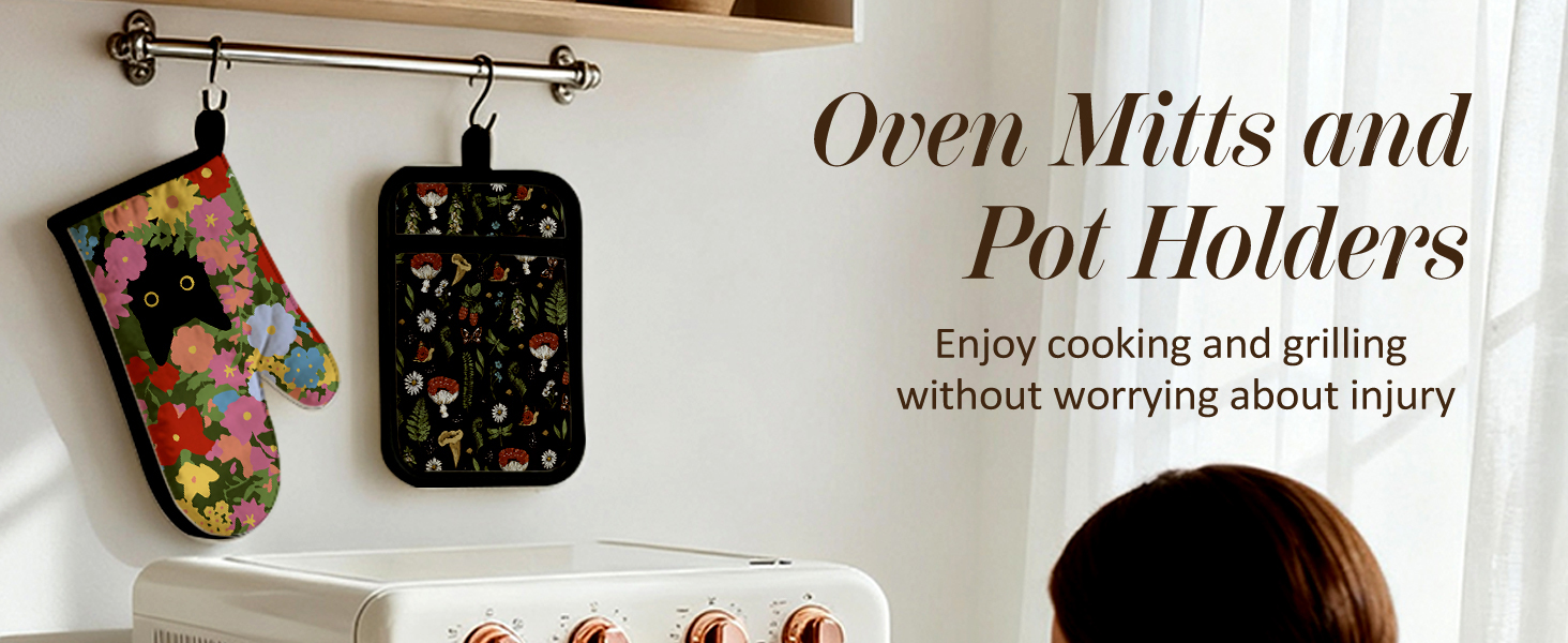 Cotton Oven Mitts and Pot Holders Sets - Quilted Lining Heat Resistant 4 Pieces Set with Hanging Loop Cute Farmhouse Boho Spring Kitchen Decor and Accessories, Cat Flower
