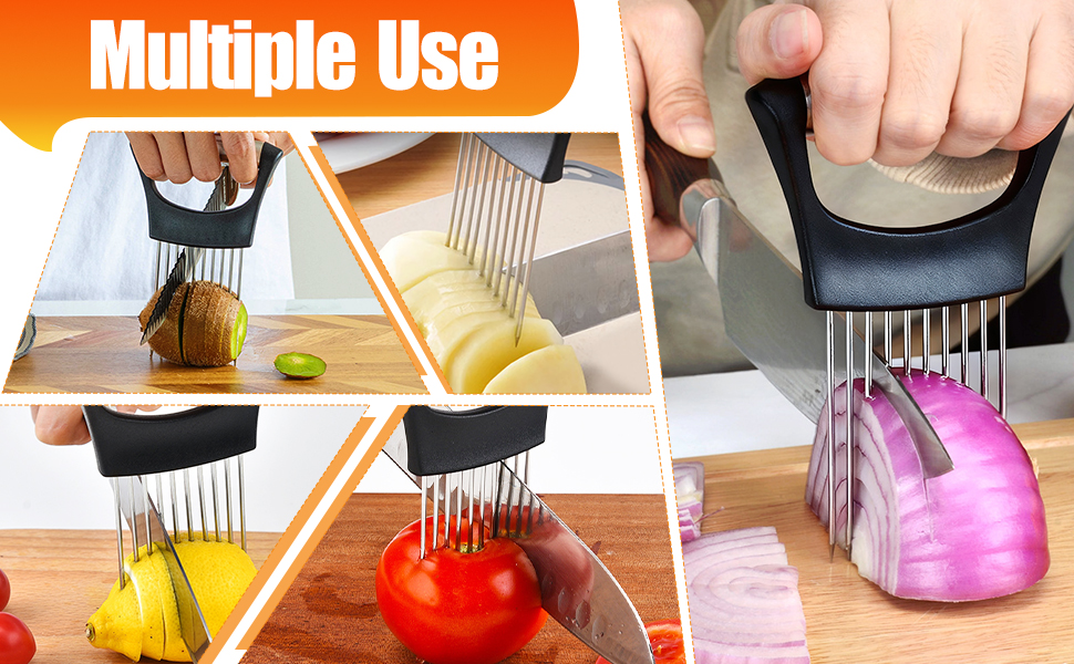 Onion Holder for Slicing, Stainless Steel Onion Slicer, Onions Slicer Holder with Protective Cover, Multi-Use Vegetable Chopper for Onions Tomatoes Avocados Potato Eggs Kiwifruit Meat Lemon