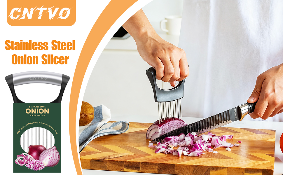 Onion Holder for Slicing, Stainless Steel Onion Slicer, Onions Slicer Holder with Protective Cover, Multi-Use Vegetable Chopper for Onions Tomatoes Avocados Potato Eggs Kiwifruit Meat Lemon