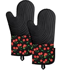 Slohif Long Silicone Oven Mitts Heat Resistant for Women - 2 Pcs Strawberry 100% Cotton Oven Gloves, Non-Slip and Waterproof Silicone Oven Mitts with Hanger for Baking and Cooking