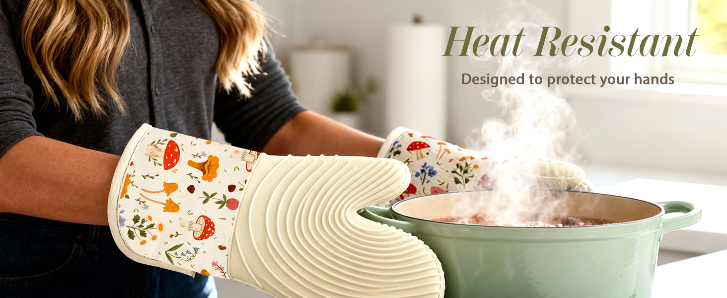 Slohif Long Silicone Oven Mitts Heat Resistant for Women - 2 Pcs Strawberry 100% Cotton Oven Gloves, Non-Slip and Waterproof Silicone Oven Mitts with Hanger for Baking and Cooking