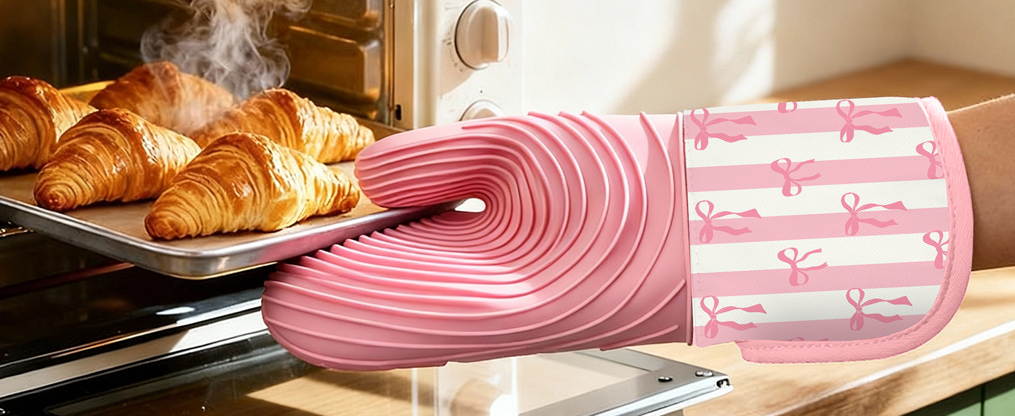 Slohif Long Silicone Oven Mitts Heat Resistant for Women - 2 Pcs Black Cat 100% Cotton Oven Gloves, Non-Slip and Waterproof Silicone Oven Mitts with Hanger for Baking and Cooking