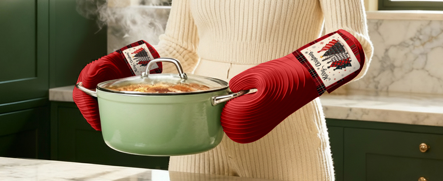 Slohif Long Silicone Oven Mitts Heat Resistant for Women - 2 Pcs Black Cat 100% Cotton Oven Gloves, Non-Slip and Waterproof Silicone Oven Mitts with Hanger for Baking and Cooking