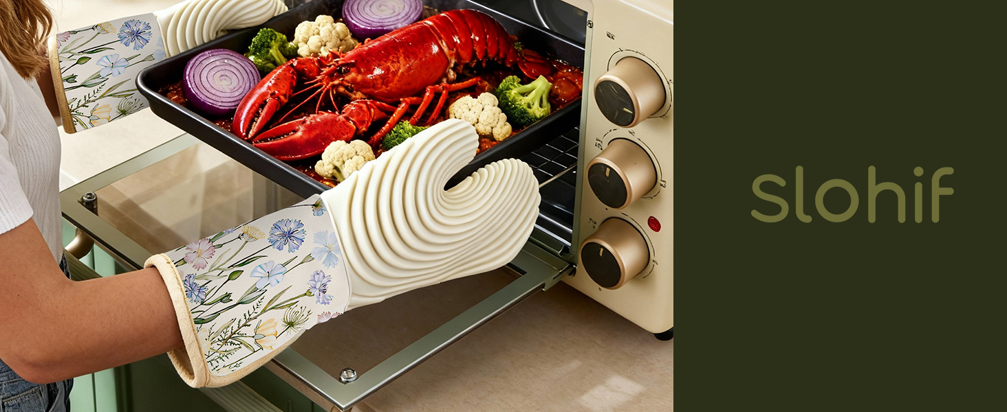 Slohif Long Silicone Oven Mitts Heat Resistant for Women - 2 Pcs Black Cat 100% Cotton Oven Gloves, Non-Slip and Waterproof Silicone Oven Mitts with Hanger for Baking and Cooking