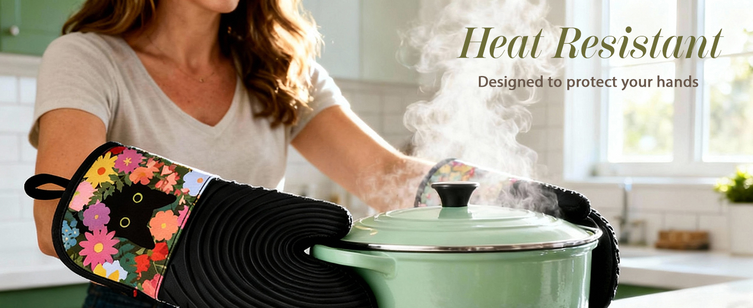 Slohif Long Silicone Oven Mitts Heat Resistant for Women - 2 Pcs Black Cat 100% Cotton Oven Gloves, Non-Slip and Waterproof Silicone Oven Mitts with Hanger for Baking and Cooking