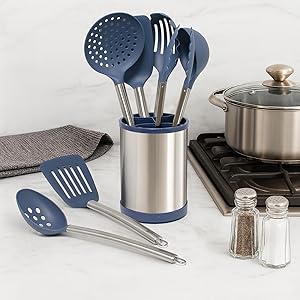 Glad Kitchen Utensils Set, 8pcs - Nonstick Cooking Tools with Stainless Steel Handles & Rotating Utensil Holder - Turners, Ladle, Spoon, Tongs, Spaghetti Server, and Skimmer - Dishwasher Safe, Rust