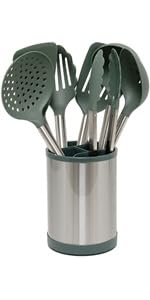 Glad Kitchen Utensils Set, 8pcs - Nonstick Cooking Tools with Stainless Steel Handles & Rotating Utensil Holder - Turners, Ladle, Spoon, Tongs, Spaghetti Server, and Skimmer - Dishwasher Safe, Rust