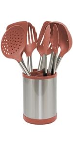 Glad Kitchen Utensils Set, 8pcs - Nonstick Cooking Tools with Stainless Steel Handles & Rotating Utensil Holder - Turners, Ladle, Spoon, Tongs, Spaghetti Server, and Skimmer - Dishwasher Safe, Rust