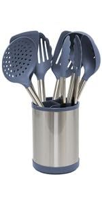 Glad Kitchen Utensils Set, 8pcs - Nonstick Cooking Tools with Stainless Steel Handles & Rotating Utensil Holder - Turners, Ladle, Spoon, Tongs, Spaghetti Server, and Skimmer - Dishwasher Safe, Rust