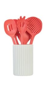 Glad Kitchen Utensils Set, 8pcs - Nonstick Cooking Tools with Utensil Holder - Nylon Spoon, Ladle, Skimmer, Spaghetti Server, and Turner Spatula Set - Dishwasher Safe, Grey