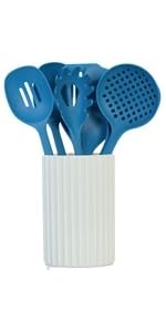Glad Kitchen Utensils Set, 8pcs - Nonstick Cooking Tools with Utensil Holder - Nylon Spoon, Ladle, Skimmer, Spaghetti Server, and Turner Spatula Set - Dishwasher Safe, Blue