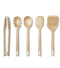 Caraway 4-Piece Mini Wooden Kitchen Utensils Set for Cooking, Serving, and Plating - Includes Mini Spoon, Scraper, Spatula, and Tongs