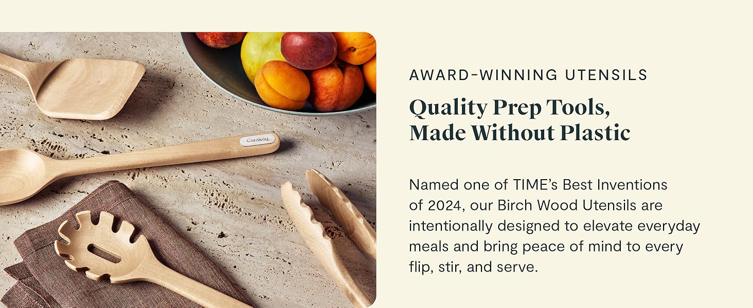Caraway 4-Piece Mini Wooden Kitchen Utensils Set for Cooking, Serving, and Plating - Includes Mini Spoon, Scraper, Spatula, and Tongs