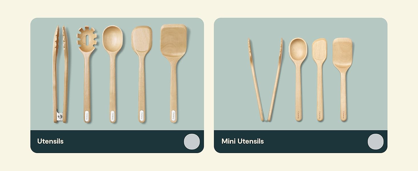 Caraway 4-Piece Mini Wooden Kitchen Utensils Set for Cooking, Serving, and Plating - Includes Mini Spoon, Scraper, Spatula, and Tongs