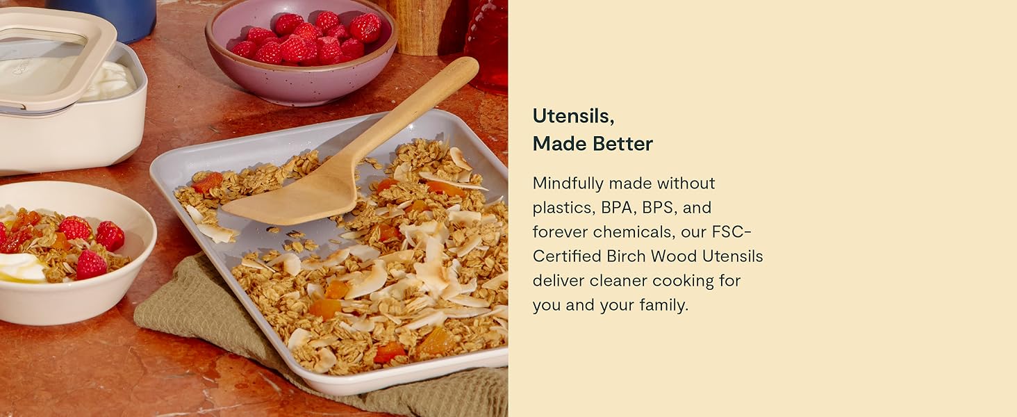 Caraway 4-Piece Mini Wooden Kitchen Utensils Set for Cooking, Serving, and Plating - Includes Mini Spoon, Scraper, Spatula, and Tongs