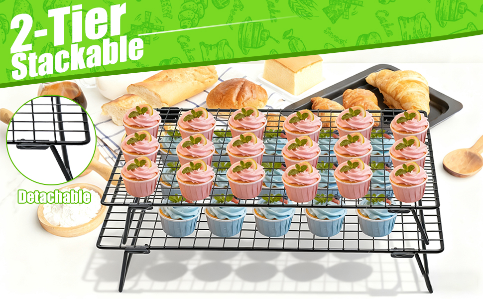 Stackable Cooling Rack for Cooking and Baking, 2 Pack Wire Cooling Rack with Collapsible Legs for Cooling Cookie, Cake, Pizza, Roasting, Grilling, Drying(13.4