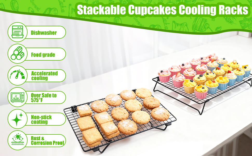 Stackable Cooling Rack for Cooking and Baking, 2 Pack Wire Cooling Rack with Collapsible Legs for Cooling Cookie, Cake, Pizza, Roasting, Grilling, Drying(13.4