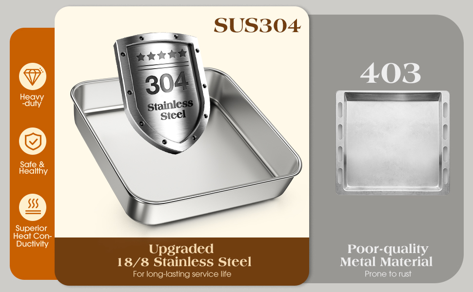 8 x 8-Inch Baking Pan with lid, 304 Stainless Steel Square Cake Pan, Commercial Grade Bakeware for Cakes Brownies Casseroles, Thicker Rectangle Sheet Cake Pans, Non-toxic & Heavy Duty &Dishwasher Safe