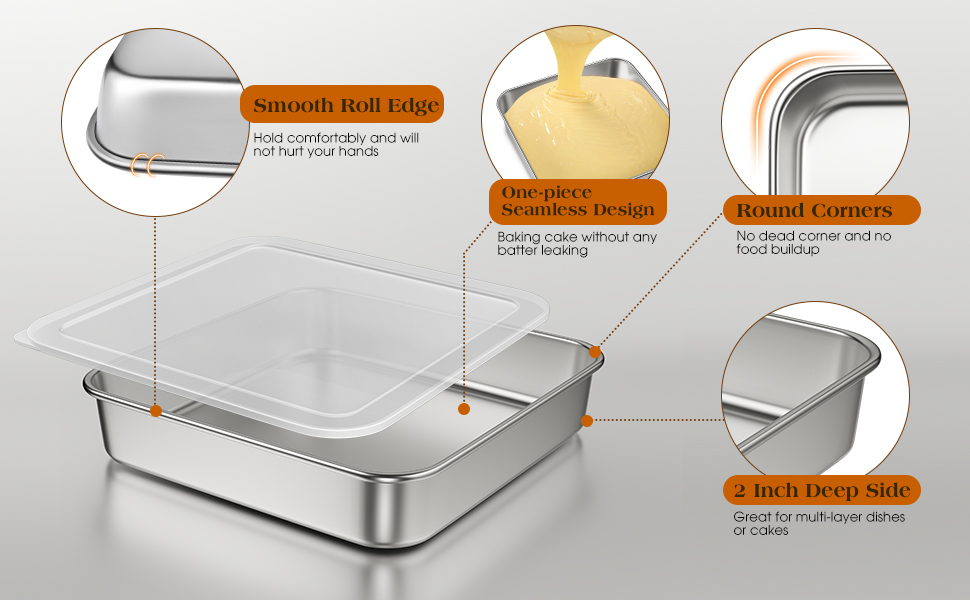 8 x 8-Inch Baking Pan with lid, 304 Stainless Steel Square Cake Pan, Commercial Grade Bakeware for Cakes Brownies Casseroles, Thicker Rectangle Sheet Cake Pans, Non-toxic & Heavy Duty &Dishwasher Safe