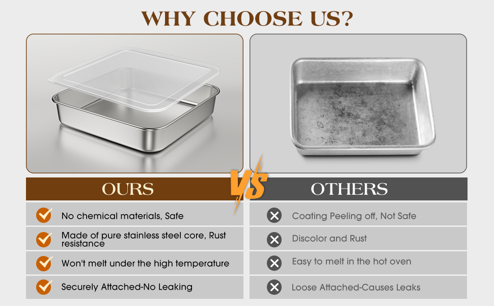 8 x 8-Inch Baking Pan with lid, 304 Stainless Steel Square Cake Pan, Commercial Grade Bakeware for Cakes Brownies Casseroles, Thicker Rectangle Sheet Cake Pans, Non-toxic & Heavy Duty &Dishwasher Safe