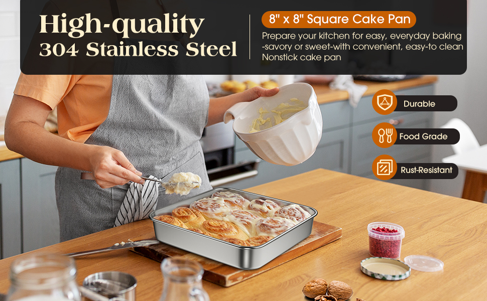 8 x 8-Inch Baking Pan with lid, 304 Stainless Steel Square Cake Pan, Commercial Grade Bakeware for Cakes Brownies Casseroles, Thicker Rectangle Sheet Cake Pans, Non-toxic & Heavy Duty &Dishwasher Safe