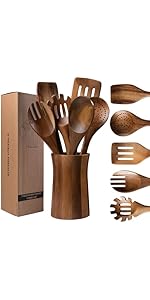LEHAHA Wooden Pasta Spoon with Teeth Spaghetti Fork Tongs 13'' Pasta Forks Serving Utensils Acacia Wood Spaghetti Server Spoons Ladle Pastas Spatula Kitchen Tool Spaghettis Scoop Strainer Noodle Spoon