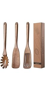 LEHAHA Wooden Pasta Spoon with Teeth Spaghetti Fork Tongs 13'' Pasta Forks Serving Utensils Acacia Wood Spaghetti Server Spoons Ladle Pastas Spatula Kitchen Tool Spaghettis Scoop Strainer Noodle Spoon