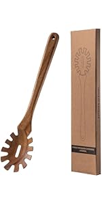 LEHAHA Wooden Pasta Spoon with Teeth Spaghetti Fork Tongs 13'' Pasta Forks Serving Utensils Acacia Wood Spaghetti Server Spoons Ladle Pastas Spatula Kitchen Tool Spaghettis Scoop Strainer Noodle Spoon