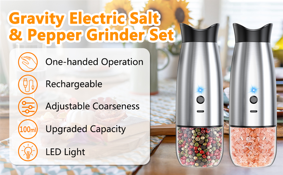 Electric Salt and Pepper Grinder Set, Rechargeable Automatic Pepper Mill Grinder with LED House Warming Gifts New Home, USB Adjustable Coarseness shakers, One-Hand Operation for Kitchen Appliances