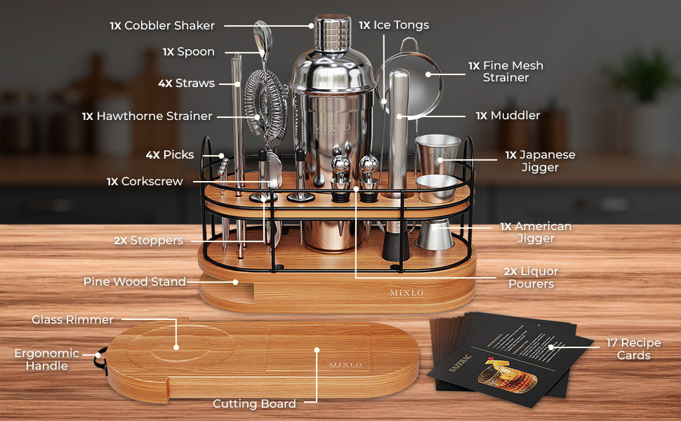 Mixology Bartender Kit - 22Pcs Bar Set Cocktail Shaker Set w Brown Bar Cart Accessories Stand - Shakers Bartending Silver Tools, 24oz Shaker, 17 Recipe Cards, Martini Barware