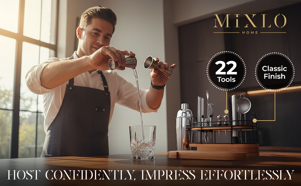 Mixology Bartender Kit - 22Pcs Bar Set Cocktail Shaker Set w Brown Bar Cart Accessories Stand - Shakers Bartending Silver Tools, 24oz Shaker, 17 Recipe Cards, Martini Barware