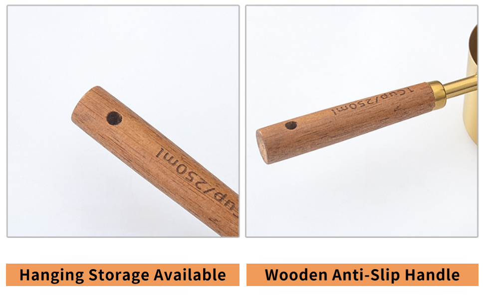 Measuring Cups and Spoons Set 8-Piece, Food-Grade Golden Nonstick with Non-Slip Wooden Handle, Engraved US/Metric Markings for Cooking Baking