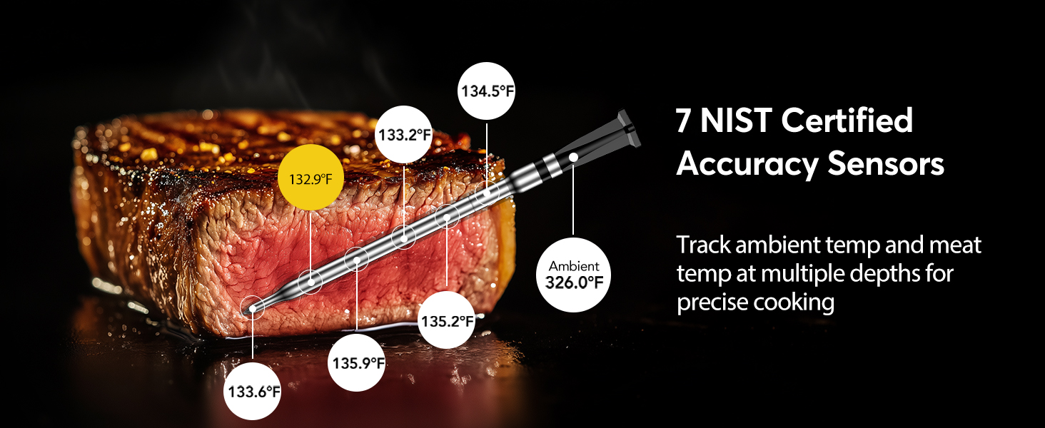 Smart WiFi Wireless Meat Thermometer, Sub-1G Long Range 1000FT, 7 NIST Certified Sensors in 1 Thin Probe ±0.5℉ Accuracy, Standalone Base with Large LED Screen for BBQ Grill Smoker Oven-Black