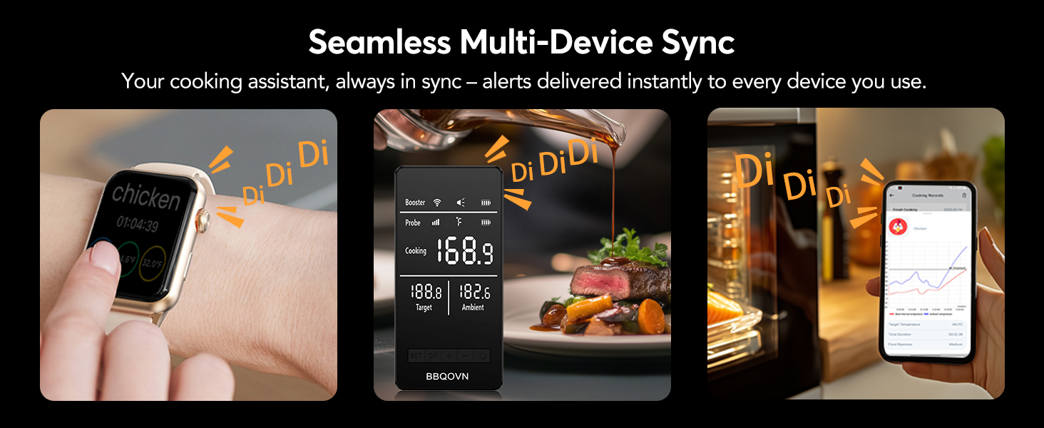 Smart WiFi Wireless Meat Thermometer, Sub-1G Long Range 1000FT, 7 NIST Certified Sensors in 1 Thin Probe ±0.5℉ Accuracy, Standalone Base with Large LED Screen for BBQ Grill Smoker Oven-Black